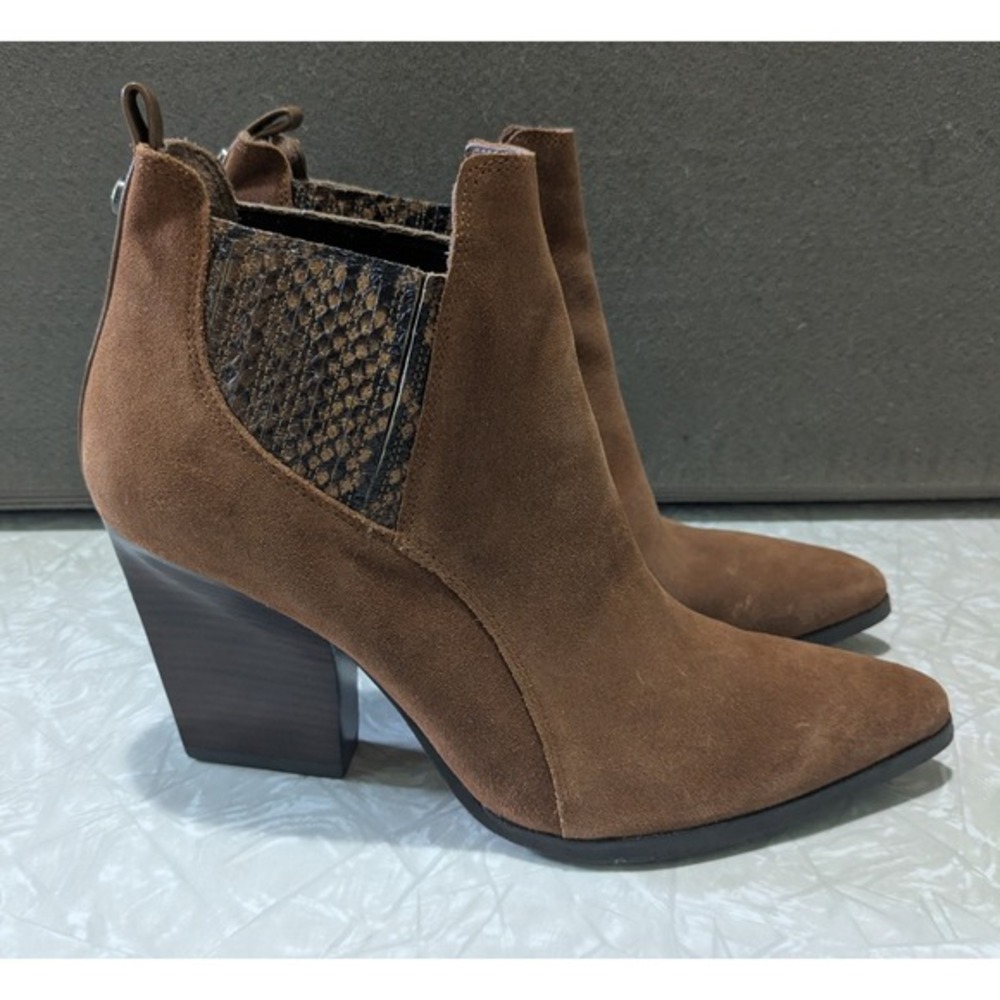 Donald J Pliner Vale Brown Suede Snakeskin Pointed Toe Block Heel Boots 8M